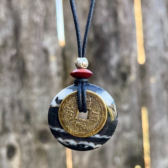 Zebra Jasper and Lucky Coin Pendant - Picture 1 of 5